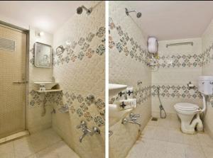 two pictures of a bathroom with a toilet and a sink at Hotel Honey Bunny in Ahmedabad