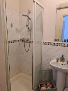 a bathroom with a shower and a sink at Coreen Guest House in Tullamore