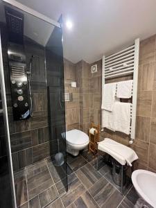 a bathroom with a toilet and a glass shower at Casa Karin in Canazei