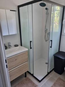 uma casa de banho com um chuveiro e um lavatório. em maison cosy avec petit jardin em Avignon