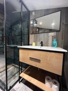 a bathroom with a sink and a glass shower at Casa Karin in Canazei