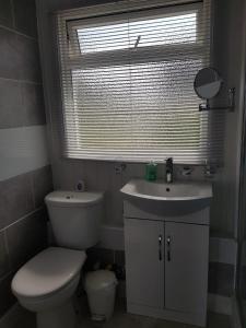 a bathroom with a toilet and a sink and a window at Summer Days in Camber