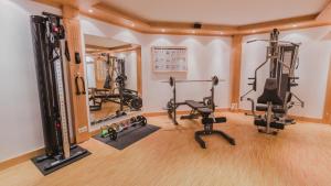 een fitnessruimte met loopbanden en fitnessapparatuur in een kamer bij Appartement- und Wellnesshotel Charlotte - 3 Sterne Superior in Seefeld in Tirol