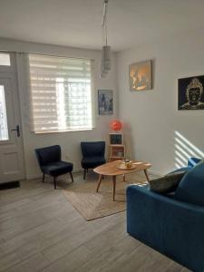 uma sala de estar com um sofá e cadeiras azuis e uma mesa em Appartement cosy au pied des Halles,Le Rossini em Narbona