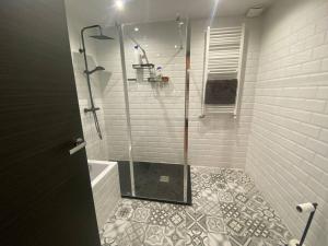 ein Bad mit einer Dusche und einer Glastür in der Unterkunft Apto. entero. Nuevo y muy cómodo in El Escorial
