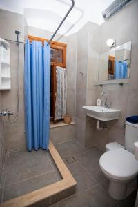 a bathroom with a shower and a toilet and a sink at Lithos apartments in Kalymnos