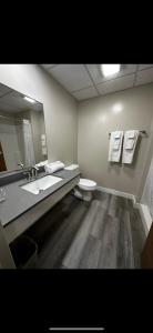 ein Badezimmer mit einem Waschbecken, einem WC und einem Spiegel in der Unterkunft Islander Inn in Put-in-Bay