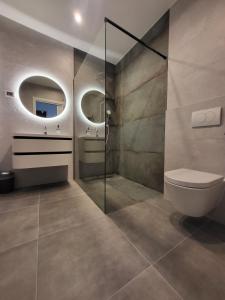 a bathroom with a toilet and two mirrors at Villa Mare e Monti with heated pool in Umag