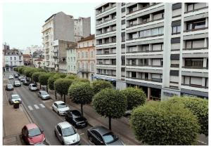 una concurrida calle de la ciudad con coches aparcados en la calle en T 2 Calme&douceur en Tarbes