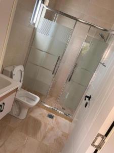 a bathroom with a shower and a toilet and a sink at Siwar Al-Thahab Suites & Hotel Apartments in Aqaba