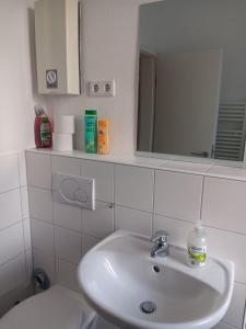 ein Badezimmer mit einem Waschbecken, einem Spiegel und einem WC in der Unterkunft Spacious 70sqm apt in popular location in Düsseldorf