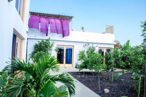 a house with a purple curtain on the side of it at Pipi's Guest House in São Filipe