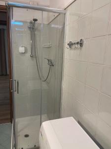 bagno con doccia in vetro e servizi igienici di Affittacamere La Filigrana (Ospedale) a Fabriano