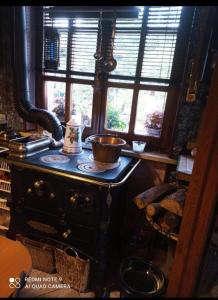 una cocina con una estufa antigua y una ventana en Remig Ranch, en Challand Saint Victor