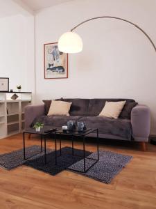 a living room with a couch and a table at Le Chat d'Or - 35m2 - Terrasse - BBQ - WIFI HD in Amiens