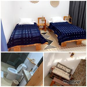 two pictures of a bedroom with a bed and a toilet at Pipi's Guest House in São Filipe