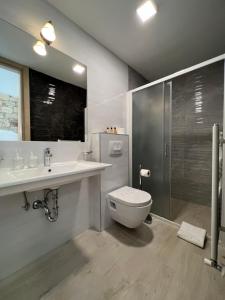een badkamer met een toilet, een wastafel en een douche bij Minella Residence in Poreč