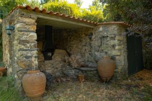 twee grote vazen die buiten een stenen gebouw staan bij A Sobreirinha Jacuzzi e Pet Friendly in Sobreira Formosa