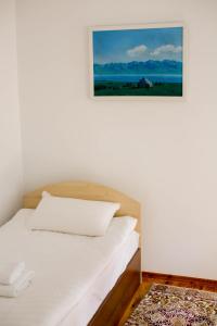 een slaapkamer met een bed met een foto aan de muur bij Mountain View Lodge in Alamedin