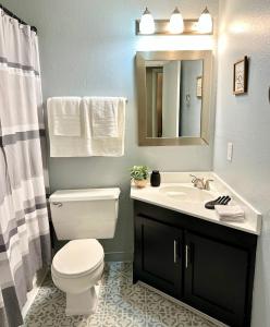 a bathroom with a white toilet and a sink at Summer Getaway in Fondren! Sleeps 6 with pool Access! in Jackson