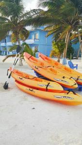 a group of kayaks on a beach with palm trees at Anchorage Beach Resort Caye Caulker in Caye Caulker