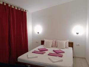 a bedroom with a bed with a red curtain at Apartments Old Olive in Bar