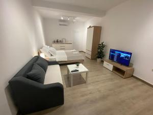 uma sala de estar com um sofá e uma televisão em Guest House Stojanoski em Ohrid