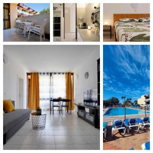 eine Collage mit Fotos von einem Wohnzimmer und einem Schlafzimmer in der Unterkunft Apartamento El Gato in Costa Del Silencio
