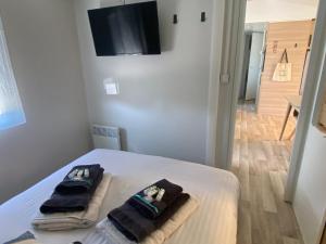 Mobil home 3 chb tout confort, Espace Enfants - Claouey Cap Ferret的电视和/或娱乐中心