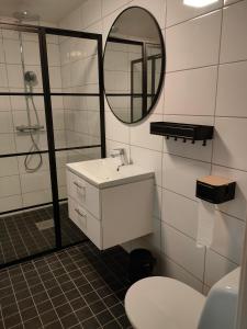 a bathroom with a sink and a mirror and a toilet at Vingården i Arild in Arild