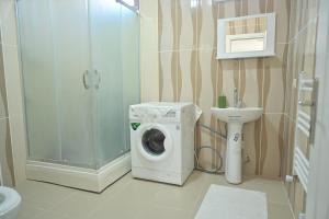 uma casa de banho com uma máquina de lavar roupa e um lavatório em forest villa-2, 5 minutes from Istanbul airport em Taşoluk