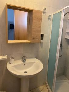 a bathroom with a sink and a shower at Lecce Rooms in Castro di Lecce