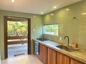 薩爾瓦多的住宿－Sua casa na Praia，绿色的厨房设有水槽和窗户