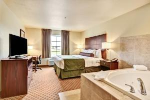 um quarto de hotel com uma cama, uma televisão e uma banheira em Cobblestone Inn & Suites - Ambridge em Ambridge