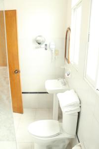 a white bathroom with a toilet and a sink at Hotel Gran Domo in León