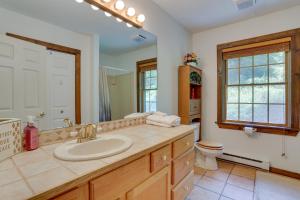 a bathroom with a sink and a toilet and a mirror at 1 Mi to River Cabin with Fire Pit in Milanville! in Milanville +33 photos