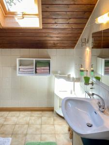 ein Bad mit einem Waschbecken und einem Spiegel in der Unterkunft Ammergauer Ferienidyll in Unterammergau