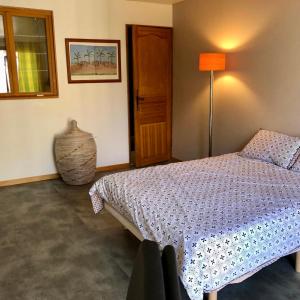 um quarto com uma cama e um candeeiro de chão em Charmant 65m2 privé dans maison & terrasse vue Larzac em Saint-Jean-de-la-Blaquière