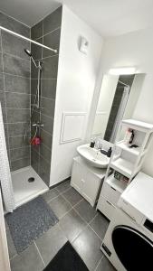 a bathroom with a shower and a sink and a mirror at Appartement Cozy - Quartier résidentiel in Melun