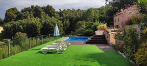 a lawn with chairs and an umbrella and a pool at Quinta da Costeira in Sever do Vouga