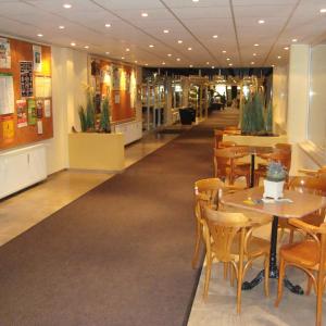 une salle à manger avec des tables et des chaises dans un restaurant dans l'établissement Gemütliche Ferienwohnung 479 im Panoramic Hohegeiß Braunlage mit Pool und Sauna, à Braunlage 6 autres photos