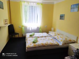 a bedroom with two beds in front of a window at WELLNESS Penzion Triola in Kořenov