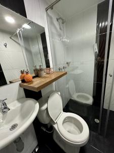 La salle de bains est pourvue de toilettes, d'un lavabo et d'une douche. dans l'établissement Habitacion cerca al aeropuerto el dorado, à Bogotá