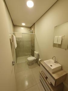 uma casa de banho com um chuveiro, um WC e um lavatório. em Villa Ida, Suíte 01 c/ copa p/ casal em Serra Negra