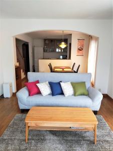 Guest house with host Takao SORA- Vacation STAY 13000 في باتسيوزس: غرفة معيشة مع أريكة زرقاء مع وسائد ملونة