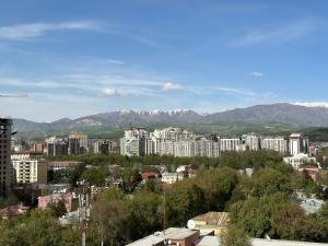 una città con edifici e montagne sullo sfondo di Dushanbe City View Apartments a Dushanbe