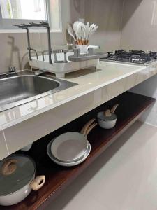 マンサニージョにあるDepartamento nuevo a estrenar!のキッチン(シンク、一部の皿、フライパン付)