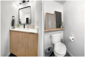 a bathroom with a sink and a toilet and a mirror at 1_OAK - experience custom design - 2 masters in Houston