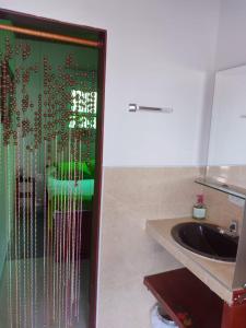 a bathroom with a sink and a green wall with beads at Finca La Tobita Eco Hotel in Toca