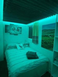 1 dormitorio con 1 cama con luz azul en Maple tree lodge. Quirky handcrafted Irish cabin, en Dromara